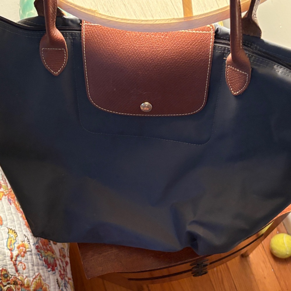 Longchamp Gray and Brown Tote with Gold Accents